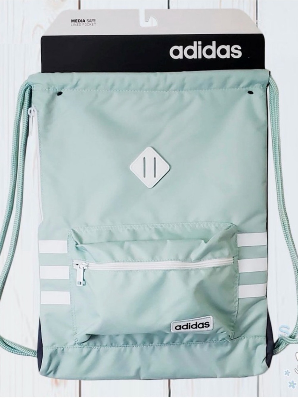 adidas Mint Green Drawstring Backpack with Front Pocket